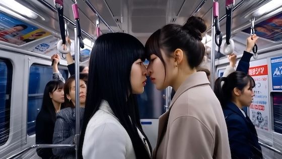 【満員電車2】鼻と鼻を押し付け合って睨み合う本妻と愛人。（キスあり）【無料エロ漫画】d_650283…割引クーポンで超お得に